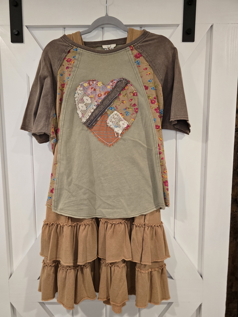 Easel Olive & Brown Patchwork Heart Raglan Tee With Matching Ruffle Tank Dress